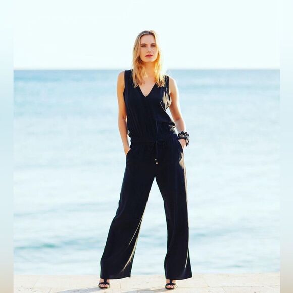 Sea Lily Miami Pia Power Black 100% Silk Wide Leg Jumpsuit Size M - Picture 1 of 13
